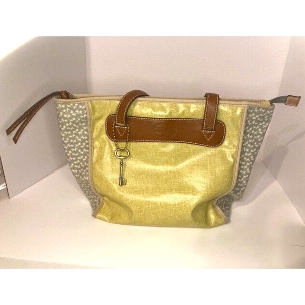 Fossil Key Tote Bag Shoulder Strap Yellow Purse Coated Canvas